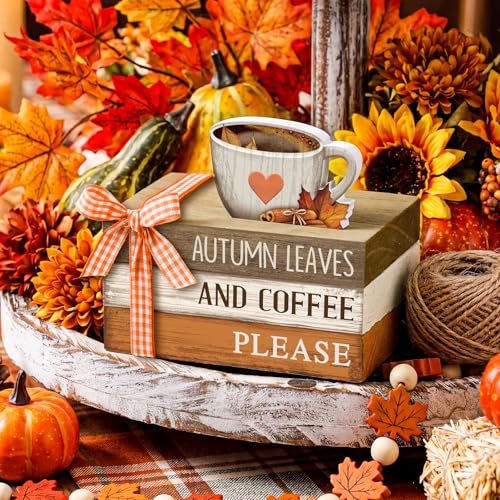 4 Pcs Fall Tiered Tray Decor Rustic Decorative Mini Wooden Faux Book Stack Autumn Maple Leaf Coffee Decorations Thanksgiving Harvest Farmhouse Table Centerpiece for Home Shelf Tabletop Office Kitchen - style: Fall