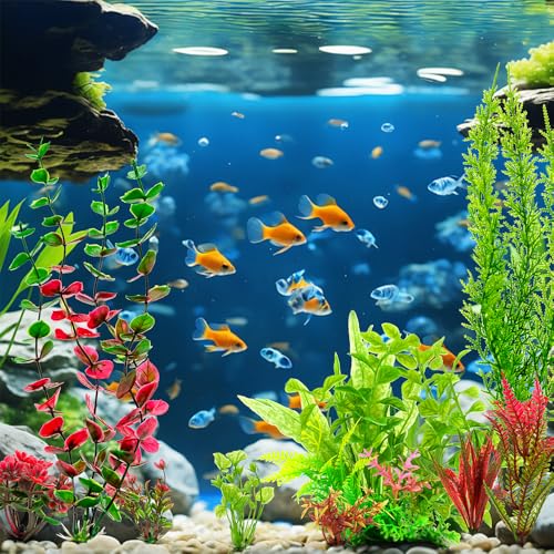 18Pcs Plastic Aquarium Plants, Weighted Base, Red Green Fish Tank Decor | Safe for betta and goldfish. Fresh and saltwater. Tall and short variety pack. Weighted bases hold firm.