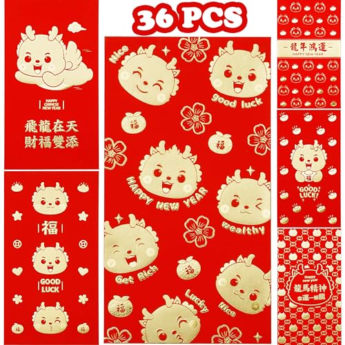 Red Envelopes Chinese New Year Lucky Money Packets, Gift Money Envelopes 2024, Dragon Year Hong Bao, Spring Festival, Birthday Wedding 36 Pcs Large Cartoon Gold - color: Set2-36Pcs-Cartoon Dragon Large