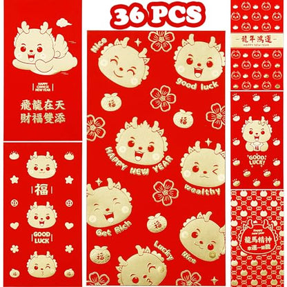 Red Envelopes Chinese New Year Lucky Money Packets, Gift Money Envelopes 2024, Dragon Year Hong Bao, Spring Festival, Birthday Wedding 36 Pcs Large Cartoon Gold - color: Set2-36Pcs-Cartoon Dragon Large