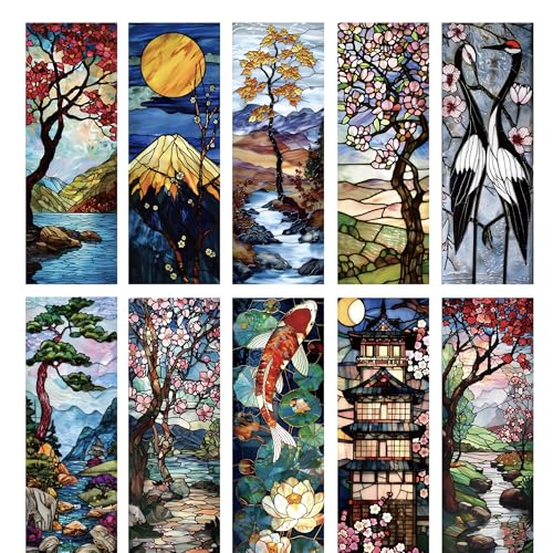 Pretty Stained Glass Bookmark - 10pcs Japanese Nature Art Bookmarks - style: Japanese