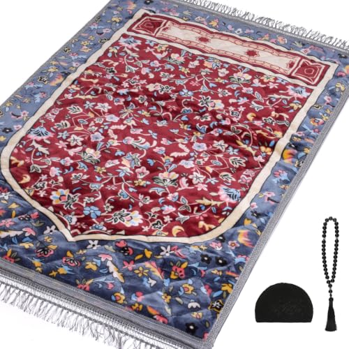 Muslim Prayer Rug with Tasbih Prayer Beads & Kufi Hat, Padded Very Thick Prayer Rug Sajadah for Men and Women (Gray2) - color: Gray2