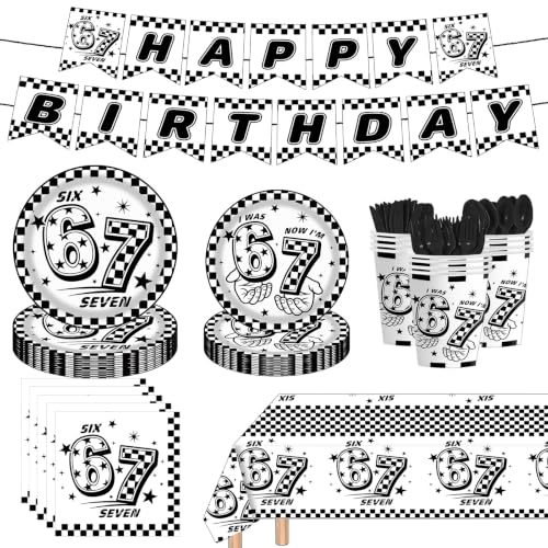 170Pcs 6 7 Birthday Party Decorations,White and Black Checkered I Was 6 Now I'm 7 Seven Birthday Theme Party Tableware Set Plates Napkins Cups Banner Tablecloth Tableware - size: 67-170pcs