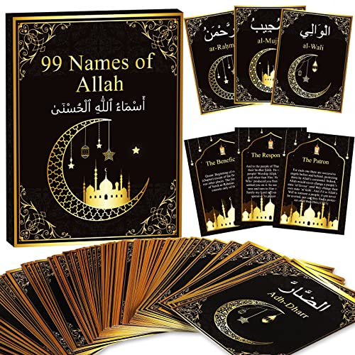 99 Names of Allah Flashcards Quran Verses Asma UI Husna Cards Eid Al Adha Learning Cards in Arabic and English Eid or Ramadan Gifts for Family Friends 5.7×3.1 Inches