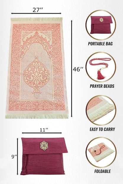 ihvan online Muslim Prayer Rug with 99 Beads Tasbih & Travel Bag, Soft Taffeta Sajadah, Lightweight & Foldable Janamaz, Portable Prayer Mat, Islamic Gift for Eid, Ramadan, Hajj & Umrah, Burgundy - color: Burgundy