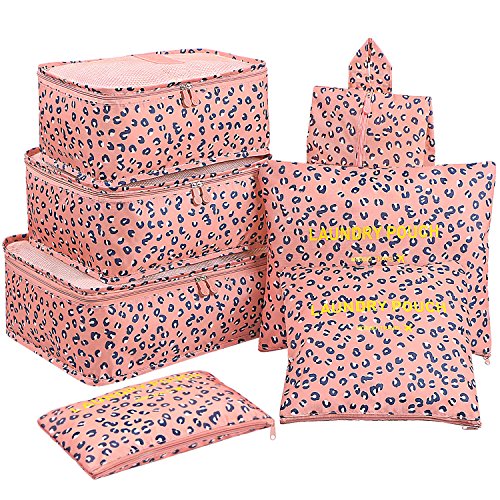 Mossio 7 Set Packing Cubes with Shoe Bag - Travel Carry On Luggage Organizer - color: Pink Leopard