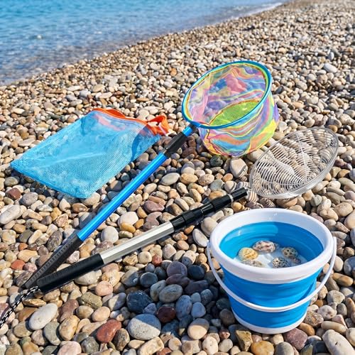 FishNetButterfly Net Insect Habitat Cage with FoldingBucketandTelescopic Handle forOutdoorCapturing of SmallFishShrimpButterflies - color: Light blue
