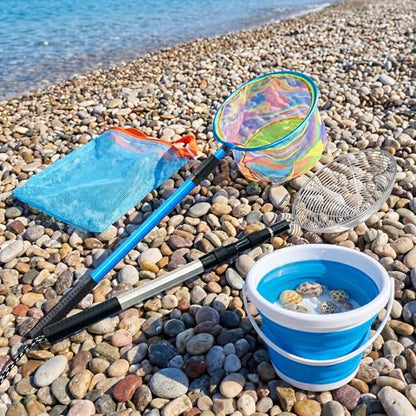 FishNetButterfly Net Insect Habitat Cage with FoldingBucketandTelescopic Handle forOutdoorCapturing of SmallFishShrimpButterflies - color: Light blue