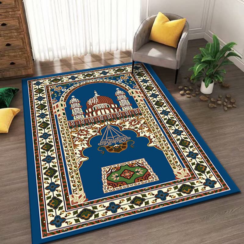 Muslim Prayer Rug Turkish Islamic Prayer Mat Thick Praying Carpet Janamaz Sajjadah Namaz Seccade Arabic Prayer Rug for Eid Ramadan - color: Blue-1