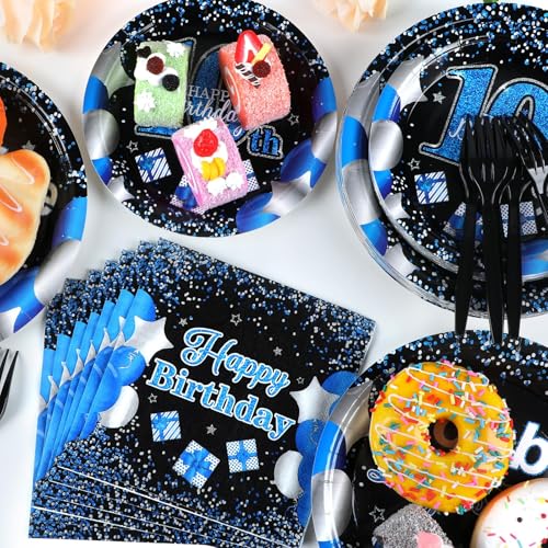 Qyeahkj 100 Pcs 10th Birthday Decorations for Boys Official Teen 10th Supplies Plate Napkin Forks Set Disposable Blue 10th Birthday Tableware Paper Plates Dinnerware for Kids Teenager Favors Serve 25 - style: 10th Birthday