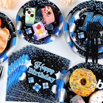 Qyeahkj 100 Pcs 10th Birthday Decorations for Boys Official Teen 10th Supplies Plate Napkin Forks Set Disposable Blue 10th Birthday Tableware Paper Plates Dinnerware for Kids Teenager Favors Serve 25 - style: 10th Birthday