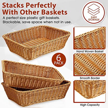 Eccliy 6 Pack Wicker Bread Baskets Woven Serving Basket, 15.8 Inch | Poly Wicker Storage for Gift, Rectangle Rattan Display Trays for Bread Food Vegetables Fruit Snacks Tabletop Restaurant Home - size: 15.8 Inch