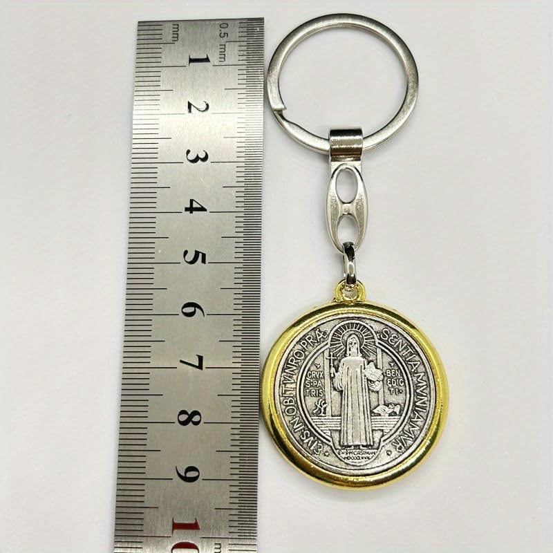 2pcs SaintBenedict Medallion Keychain Catholic SanBenito Pendant KeyRing Jesus Religious MetalJewelry Accessories for BagGift - color: Golden Silver