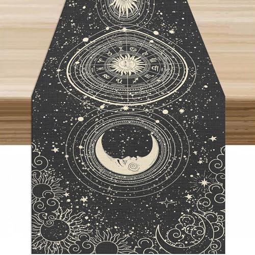 Boho Sun Moon Table Runne,Hippie Astral Celestial Sun Moon Gothic Mystery Constellation Aesthetic Tarot Cards Tarot Decor Window Treatments, Therma 13x36 Inch - color: Moon Style-2, size: W13X L36