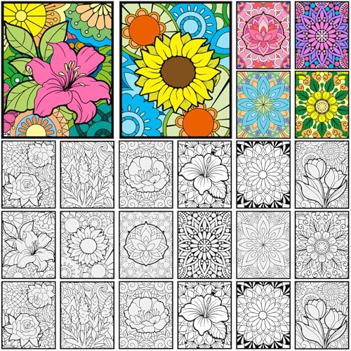 Cinrobiye 48 Pcs Velvet Coloring Posters Floral Fuzzy Posters to Color Bulk Felt Flower Coloring Page Craft for Adults Teenagers All Ages Classroom Assisted Living Festive Holiday Art&Craft Activity - style: Flower