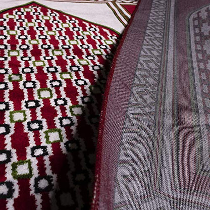 Modefa Turkish Islamic Prayer Rug | Multi Person Janamaz Sajada for Family | Velvet Wide Large Gathering & Group Praying Carpet Mat | Geometric Red & Green (Red - 4 Person) - color: Geometric Red - 4 Person