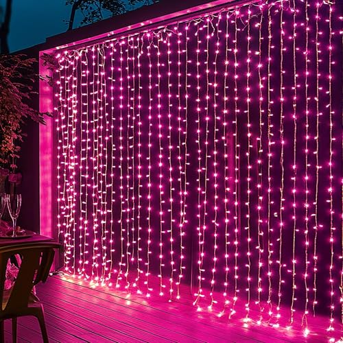 Dazzle Bright 300 LED Curtain String Lights, Valentine's Day Fairy Lights for Bedroom with 8 Lighting Modes, Connectable Waterproof Window Lights Party Wedding Garden Wall Christmas Decor, Pink - color: Pink
