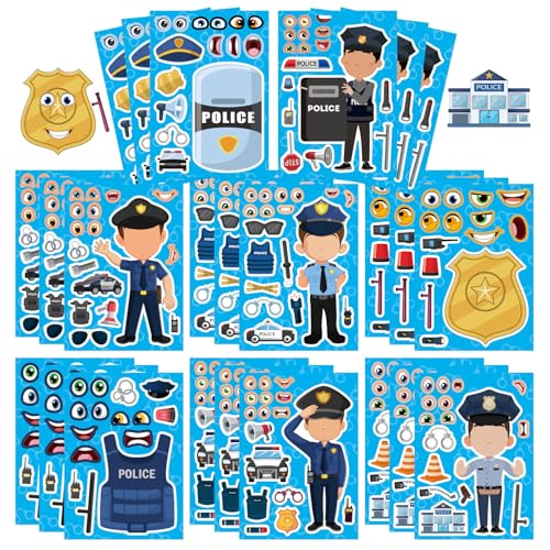 Make Your Own Policeman Stickers, Make-a-face Stickers, Educational Theme | 24 Sheets Goodie Bags Stuffers Gift for Kids, Birthday Party Favor School Classroom Teacher Reward - style: Policeman