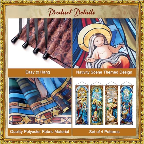 Panelee 4 Pcs Nativity Scene Banner Religious Christmas Backdrop Holy Nativity Stained Glass Style Wall Decorations Jesus Porch Sign for Xmas Indoor Outdoor Church Wall Hanging Decor - style: Nativity