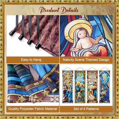 Panelee 4 Pcs Nativity Scene Banner Religious Christmas Backdrop Holy Nativity Stained Glass Style Wall Decorations Jesus Porch Sign for Xmas Indoor Outdoor Church Wall Hanging Decor - style: Nativity