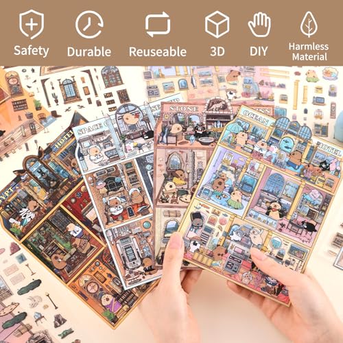 Girls 3D Miniature Scene Stickers,4 Sets Visit the Store DIY House Stickers for Space Cruise,Ocean Hotel,Egypt Hotel,Stone Age,Cute 3D Cartoon Sticker Scenes for Adult Kids Relief Stress Pass The Time - style: Travel Theme Hotel