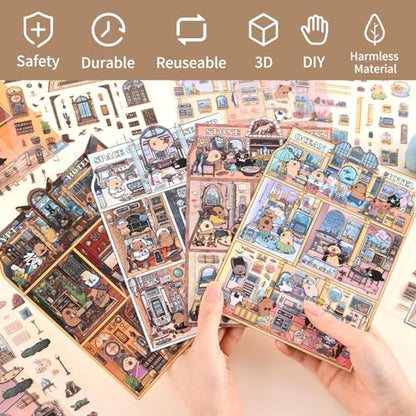 Girls 3D Miniature Scene Stickers,4 Sets Visit the Store DIY House Stickers for Space Cruise,Ocean Hotel,Egypt Hotel,Stone Age,Cute 3D Cartoon Sticker Scenes for Adult Kids Relief Stress Pass The Time - style: Travel Theme Hotel