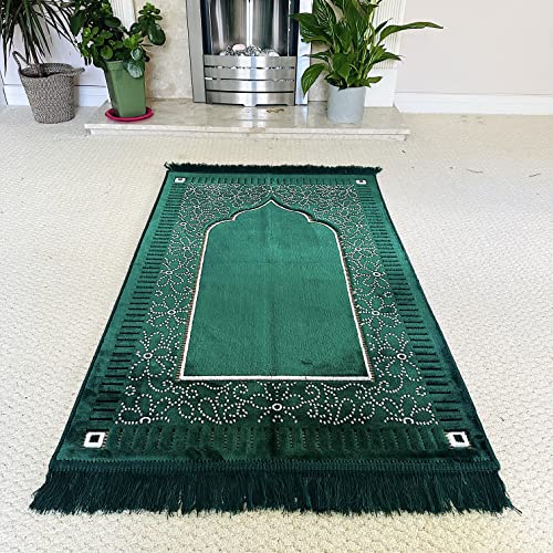 Mihrab Patterned Original Luxury Velvet Prayer Mat/Rug- 750g Weight | Made in Turkey (Parliament Green) - color: Parliament Green