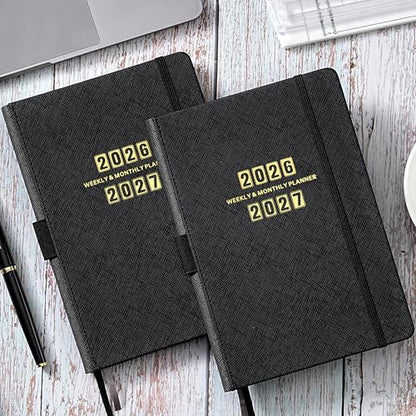 Planner 2026-2027 - Jul. 2026 - June. 2027, 2026-2027 Planner, 12-Months 26-27 Planners Weekly and Monthly, 5.75" x 8.25", Saffiano Leather with Thick Paper, Back Pocket with Notes Pages - color: Dark Black C