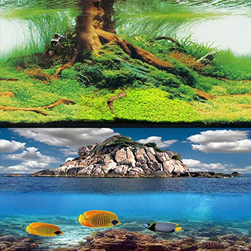 ELEBOX 3D Aquarium Background Double Sides Fish Tank Wallpaper Background Blue Sky Sea & Aquatic Plant Poster - color: M, size: H:19.5"x L:48"