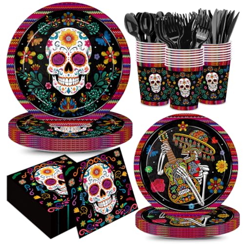 168pcs Day of the Dead Plates Napkins Mexican Dia de Los Muertos Party Supplies Sugar Skull Tableware Set Disposable Paper Cups Black Forks for Day of the Dead Party Decorations Serve 24 - style: Day of the Dead