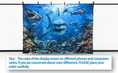 7x5ft Shark Theme Under the Sea Photography Backdrop | Underwater World, Kids Party Supplies, Aquarium Coral Reef Shallows Banner, Deep Ocean Photo Booth, Polyester, Grommets, 1PC - size: 7'x5'