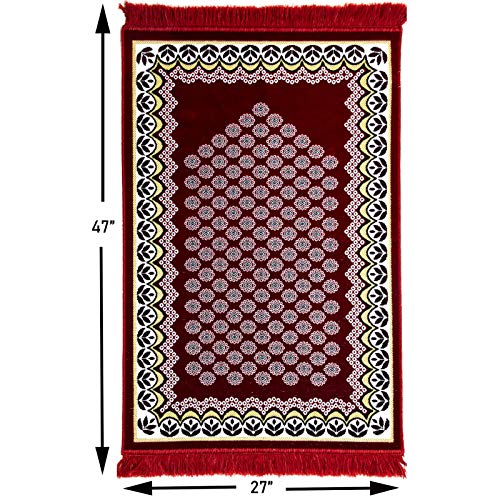 Modefa Turkish Islamic Prayer Rug - Thin & Lightweight Velvet Praying Carpet - Soft Muslim Praying Mat Janamaz - Ramadan or Eid Gift for Men & Women - with Car Hanger - Vined Arch (Daisy Red) - color: Daisy Red