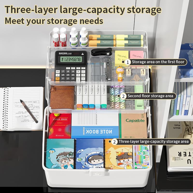 Large 3-Layer Craft Storage Box with Handle, White - color: White