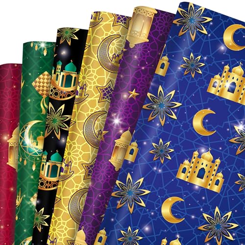 Blue Gold Eid Wrapping Paper – 6 Sheets 27” x 20” Eid Ramadan Gift Wrap Paper with Moon, Star and Lantern Design for Islam Holiday, Mubarak, Wedding, Birthday,Baby Shower Party Favor Supplies