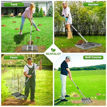 REAPALOT Lawn Leveling Rake, Lawn Leveler with Stainless Steel Long Handle, Heavy Duty Yard Level Tool for Leveling Soil, Sand Or Dirt Surfaces, Gardening Gloves Gift Included (17x10in) - size: 17x10in