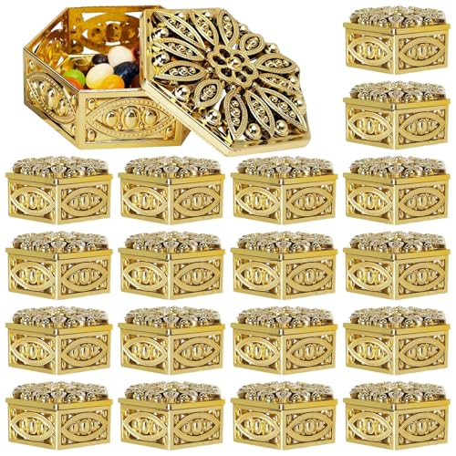 24 Pcs Hollow Out Hexagon Candy Boxes, Decorative Candy Containers, Wedding Favors, Indian Return Gifts, Pooja Return Gifts, 2.4x2.4x1.2 in Golden Plastic Candy Cases
