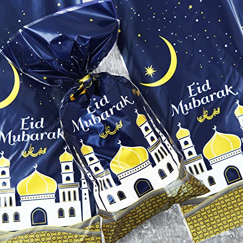 2026 Eid Mubarak Goodie Bags, 100 Pieces Muslim Castle Moon Star Pattern Ramadan Treat Bags Cellophane Bags Goody Favor Bags with Gold Twist Ties for Muslim Islamic Eid Iftar Diwali Party Kids Gifts - color: Blue