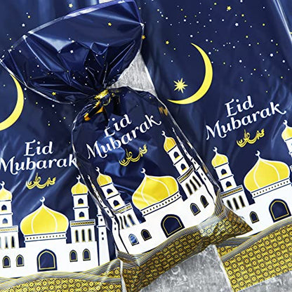 2026 Eid Mubarak Goodie Bags, 100 Pieces Muslim Castle Moon Star Pattern Ramadan Treat Bags Cellophane Bags Goody Favor Bags with Gold Twist Ties for Muslim Islamic Eid Iftar Diwali Party Kids Gifts - color: Blue