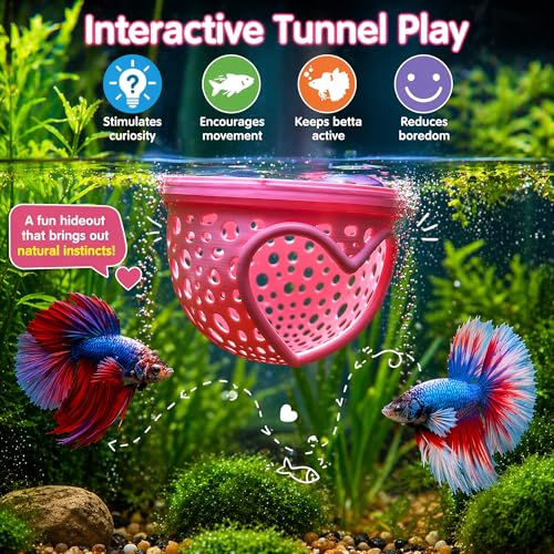 Heart Pink Floating Betta Tunnel with Strong Suction Cup, Floating Betta Enrichment Toys, Aquarium Betta Hammock, Promote Excercise & Stress Relief, Betta Fish Tank Decor Accessories