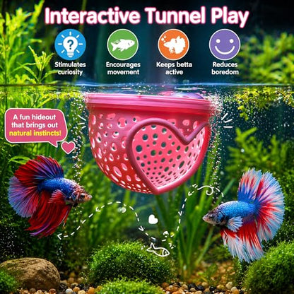 Heart Pink Floating Betta Tunnel with Strong Suction Cup, Floating Betta Enrichment Toys, Aquarium Betta Hammock, Promote Excercise & Stress Relief, Betta Fish Tank Decor Accessories