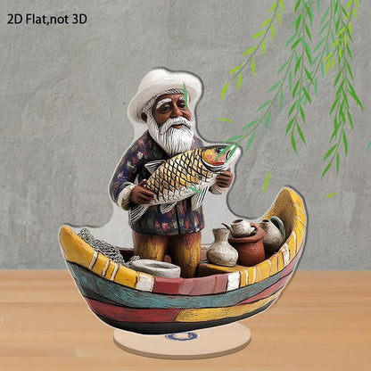 YLUYINOM 2D Flat Acrylic Display Plaque, Elderly Man Figurine in A Boat Proudly Holding A Fish with Fishing Tools Around. Rotatable, with Base - color: Picture 25