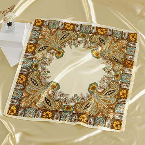 QBSM Womens 23.6 inch Satin Silk Feeling Formal Square Neck Scarf Head Hair Wraps Kerchief - color: Cashew-creamy-white