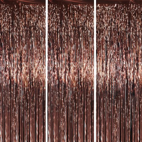 Voircoloria Brown Foil Fringe Backdrop Curtains, 3.3x6.6ft, 3pcs - color: Brown