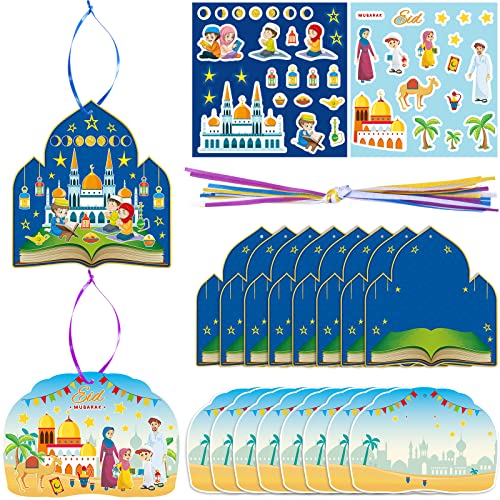 Yisong 48 Sets Eid Mubarak Ramadan Craft Kit, Include 48 Ramadan DIY Card and 48 Set Mosque Scene Stickers 48 Hanging Rope, Eid Mubarak DIY Gift Muslim Hanging Ornament Decoration Party Favors