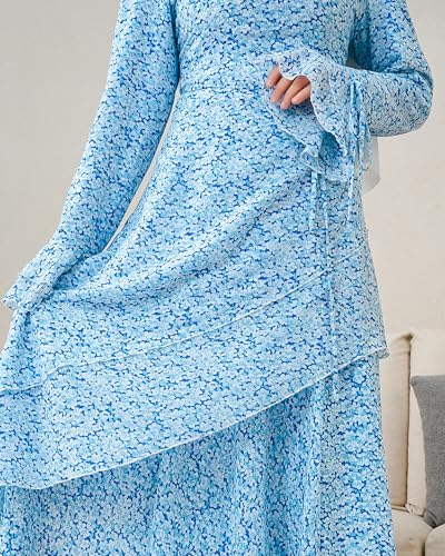 Muslim Abaya Dress for Women 3-Piece Set, Ruffle Top & Chiffon Maxi Skirt - color: Blue, size: XX-Large