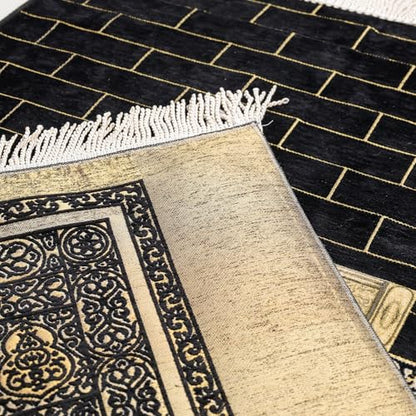 Kaaba Door Islamic Prayer Rug, Embroidered Velvet Janamaz Sajadah - color: Black Kaaba Wall