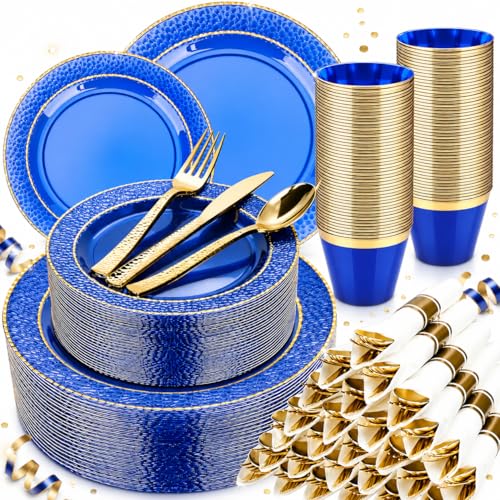 350PCS Clear Blue Plastic Plates for 50 Guests, - color: Blue, size: 50 Guests Set