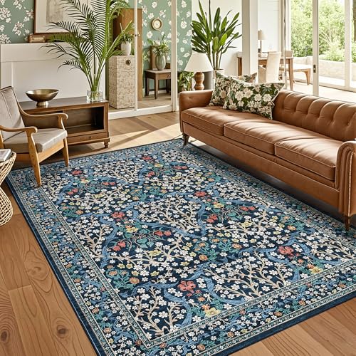 GarveeHome 8x10 Area Rugs, Washable Rugs for Living Room Non Slip Stain Resistant Ultra Soft Floral Rug, Boho Carpet Floor Mat for Bedroom Dining Room Nursery Playroom Office, Dark Blue - color: B.blue, size: 8' x 10' (Rectangular)