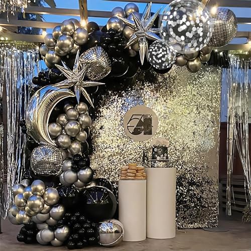 Black and Silver Balloons, Metallic Silver and Black Balloons Pearl Silver Confetti Balloons Party Balloons Chrome Latex Balloons for Kids Adults Birthday Wedding Baby Shower Graduation - color: Black and Silver