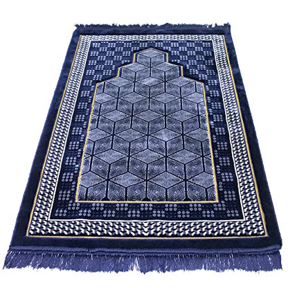 Modefa Turkish Islamic Velvet Prayer Rug - Thick Wide Soft Praying Carpet for Men & Women - Double Plush Large - Eid & Ramadan Gift with Kufi Beads & Car Hanger - Geometric Noor (Dark Blue) - color: Dark Blue